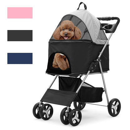 Magshion Foldable Pet Stroller, 3-in-1 Dog Travel Jogger with Detachable Carrier, Cup Holder, Storage Basket, Folding Carrier for Small/Medium Dogs &amp; Cats Up to 33 lbs, Black