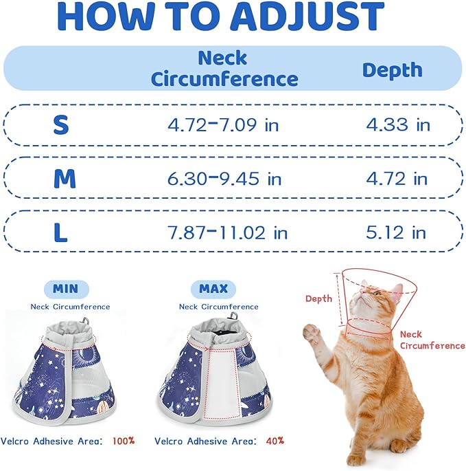 Breathable Air Mesh Cat Cone Collar Soft to Stop Licking, Adjustable, Foldable Lightweight Kitten Cones After Surgery Recovery for Cats &amp; Kittens (Star Blue, L)