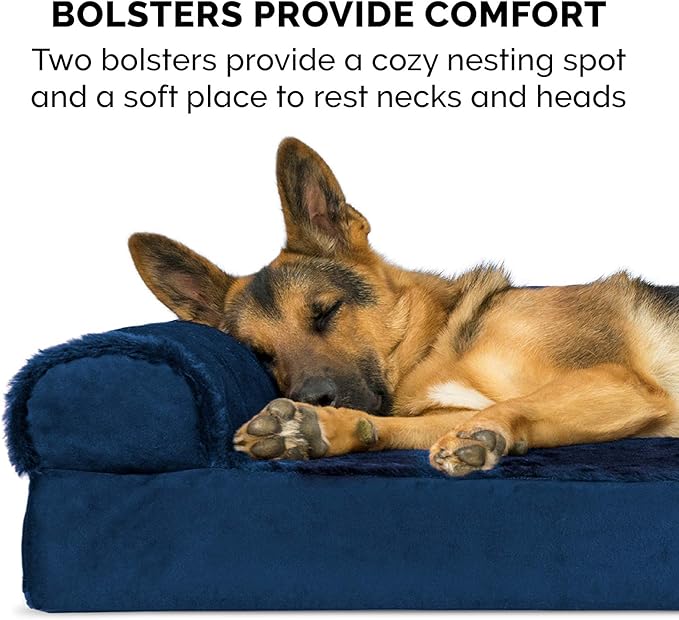 Furhaven Cooling Gel Dog Bed for Large Dogs w/ Removable Bolsters &amp; Washable Cover, For Dogs Up to 125 lbs - Plush &amp; Velvet L Shaped Chaise - Deep Sapphire, Jumbo Plus/XXL