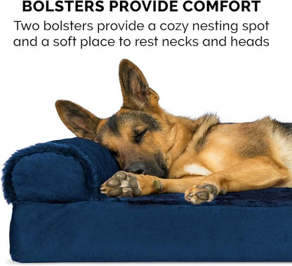 Furhaven Cooling Gel Dog Bed for Large Dogs w/ Removable Bolsters &amp; Washable Cover, For Dogs Up to 125 lbs - Plush &amp; Velvet L Shaped Chaise - Deep Sapphire, Jumbo Plus/XXL