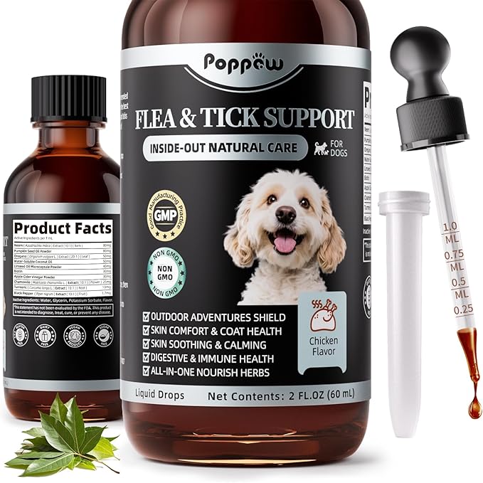 Dog Flea and Tick Support, Natural Herbal Flea &amp; Tick Comfort for Dogs, Flea Liquid Drops Supplement for Dogs with Neem, Oregano, Pumpkin Seed Oil - Chicken Flavor, 2 FL.Oz - All Breeds &amp; Sizes