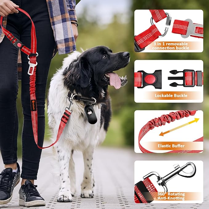 Removable Dog Seat Belt Harness for Car, 3 in 1 Pet Dog Car Seatbelt Leash, Retractable Restraint Secures to Vehicle Headrest &amp; Adjustable Reflective Bungee Dog Seatbelt Tether, Red