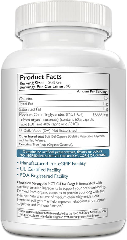 MCT Oil for Dogs from Organic Coconuts, Medium Chain Triglycerides with Caprylic Acid &amp; Capric Acid to Protect Skin and Coat, Boost Immunity, Support Metabolism, 90 Soft Gels