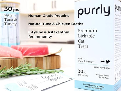 Purrly Lickable Cat Treat Healthy Human-Grade Tuna &amp; Turkey with L-Lysine &amp; Astaxanthin for Immunity (30 Count) Soft Healthy Low Calorie Hydrating Interactive Snack