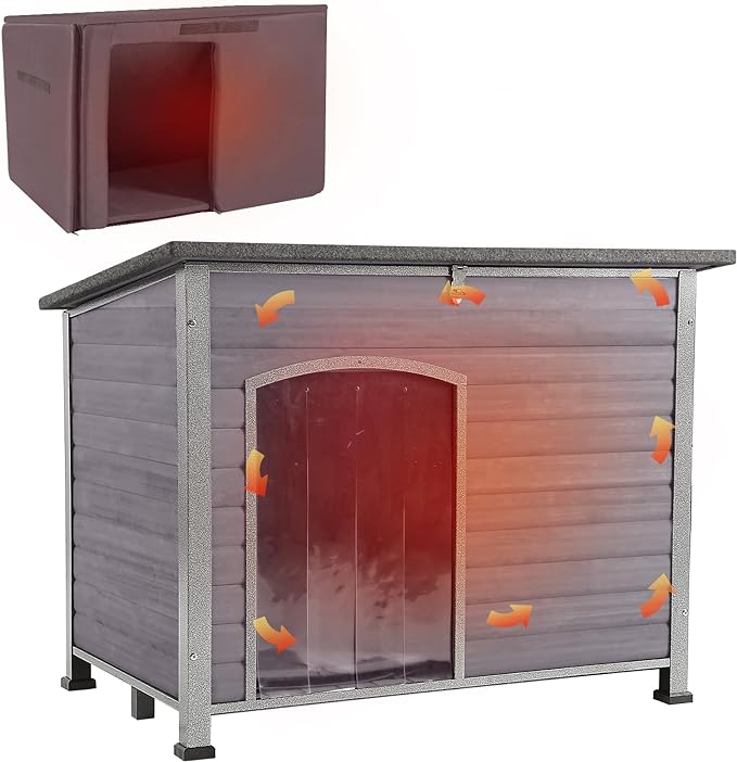 Aivituvin Dog House with Insulated Liner, Outdoor Indoor Weatherproof Dog House for Winter, Suitable for Small &amp; Medium &amp; Large Dogs with Unique All-Around Iron Frame(Grey)