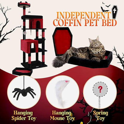 Globlazer Heavy Duty Gothic Cat Tree, 72in Large Cat Tower with Coffin Bed, Sturdy Maine Coon Cat Tree for Large Cats 20 lbs+, Medieval Castle Style with 6 Scratching Posts &amp; Hammock, S72, Black &amp; Red