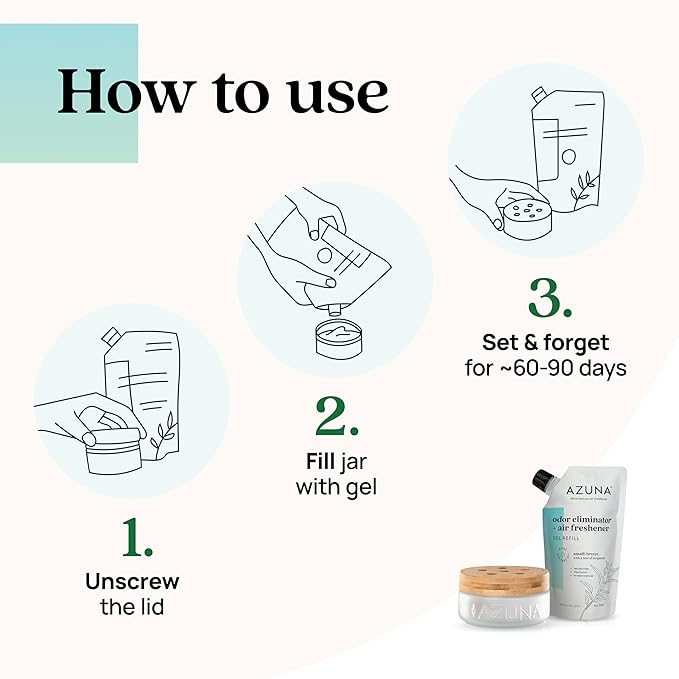 Azuna Air Freshener &amp; Odor Eliminator for Strong Odor | 1 Room Kit Includes (1) Empty Luxe Glass Jar &amp; 8oz Refill with Tea Tree Essential Oil Gel | Amalfi Breeze | Last 60-90 Days