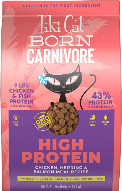 Tiki Cat Born Carnivore High Protein Dry Cat Food, Chicken, Herring &amp; Salmon Meal, 11.1 lbs. Bag