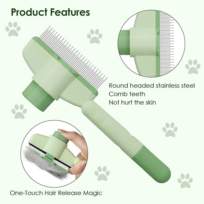 Flea Comb for Cat Hair Removal Comb, 2025 New Self-Cleaning Flea Brush for Cats and Dog, Comfort Cat Hair Removal Tool with Long &amp; Short Stainless Steel Metal Grooming Brush(Green)