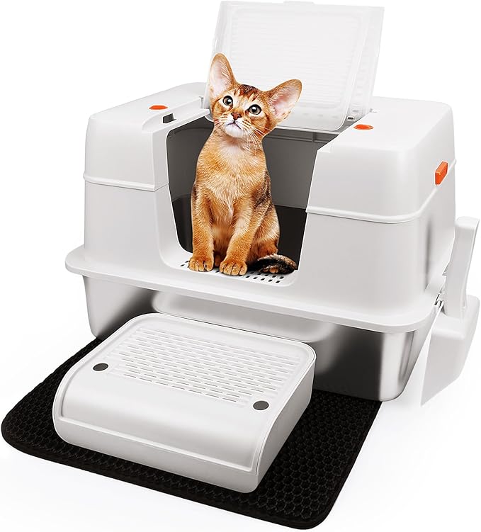 Vivifying Stainless Steel Litter Box with Lid, XL Side Entry Extra Large Litter Box for Big Cats &amp; Kitty, Removable Enclosed Metal Cat Pan with High Sided Enclosure, Scoop, Mat, Footboard (Beige)