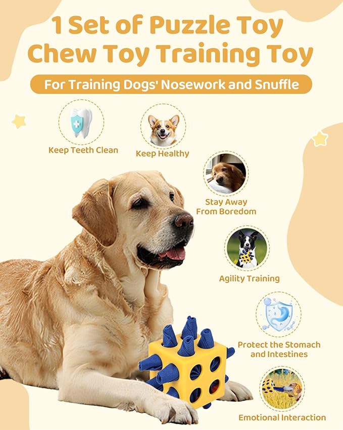 Interactive Puzzle Dog Toy Encourage Natural Foraging Skill, Durable Dog Enrichment Toy Snuffle Cube Cloth Strip with Hide &amp; Seek Food, Slow Feeder for Mind Stimulate &amp; Stress Relief (Yellow)