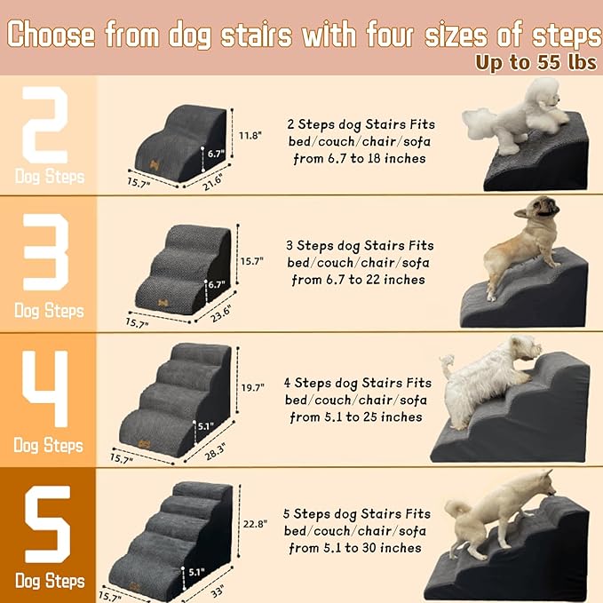 3-Step Dog Stairs for High Beds &amp; Couches Multi-Step Non-Slip Pet Steps with Balanced Ramp Indoor 2 3 4 5 Step Stairs for Small to Large Dogs and Cats Non-Slip Stickers 30D Grey