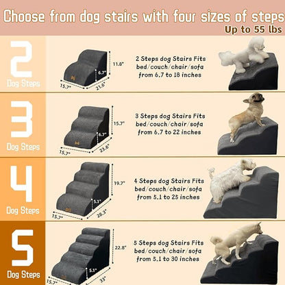 3-Step Dog Stairs for High Beds &amp; Couches Multi-Step Non-Slip Pet Steps with Balanced Ramp Indoor 2 3 4 5 Step Stairs for Small to Large Dogs and Cats Non-Slip Stickers 30D Grey