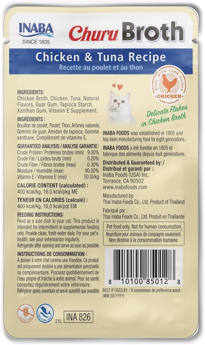 INABA Churu Broth for Cats, Side Dish Pouch, 1.4 Ounces per Pouch, 12 Pouches, Chicken &amp; Tuna Recipe