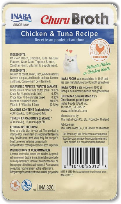 INABA Churu Broth for Cats, Side Dish Pouch, 1.4 Ounces per Pouch, 12 Pouches, Chicken &amp; Tuna Recipe