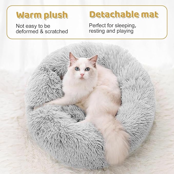 Odoland Cat Tunnel Bed with 20 Cat Toys - Indoor Plush Kitten Couch, Detachable Cats Cave Donut Tunnel &amp; Soft Kitten Toy Set - Cozy Cat Furniture, White