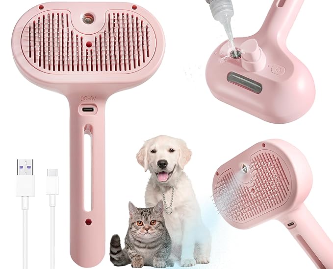 3-in-1 Steam Brush for Cats &amp; Dogs – Hair Removal Comb with One-Click Release &amp; Water Spray – Grooming Brush for Shedding, Long/Short Hair