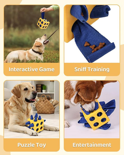Interactive Puzzle Dog Toy Encourage Natural Foraging Skill, Durable Dog Enrichment Toy Snuffle Cube Cloth Strip with Hide &amp; Seek Food, Slow Feeder for Mind Stimulate &amp; Stress Relief (Yellow)