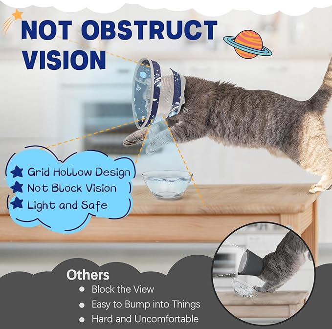 Breathable Air Mesh Cat Cone Collar Soft - Adjustable Recovery Collar to Stop Licking After Surgery, Foldable Lightweight E-Collar for Cats &amp; Kittens (Sky Star, S)