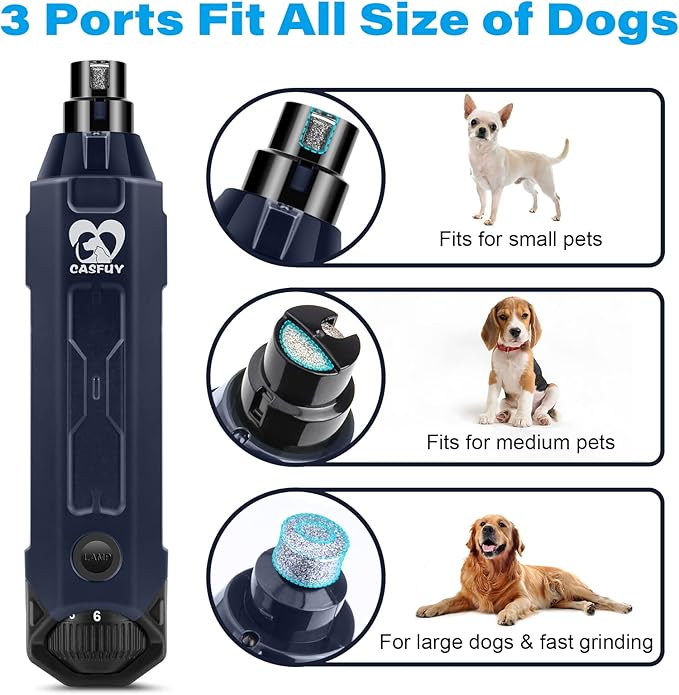 Casfuy 6-Speed Dog Nail Grinder - Newest Enhanced Pet Nail Grinder Super Quiet Rechargeable Electric Dog Nail Trimmer Painless Paws Grooming &amp; Smoothing Tool for Large Medium Small Dogs (Blue)