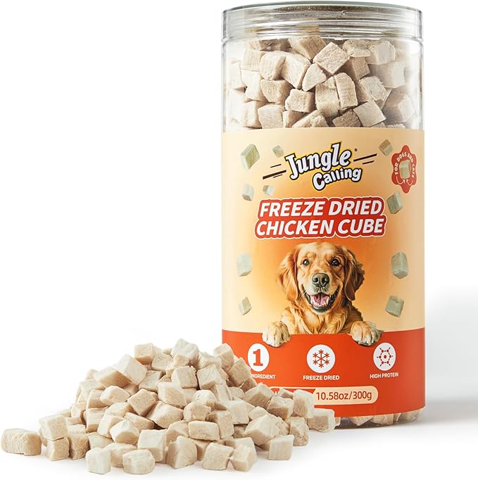 Jungle Calling Freeze Dried Chicken Cat &amp; Dog Treats, Single Ingredient Chicken Bites for Cats &amp; Dogs, High Protein Pet Training Treats, Edible Organic Food Topper, 10.58 oz
