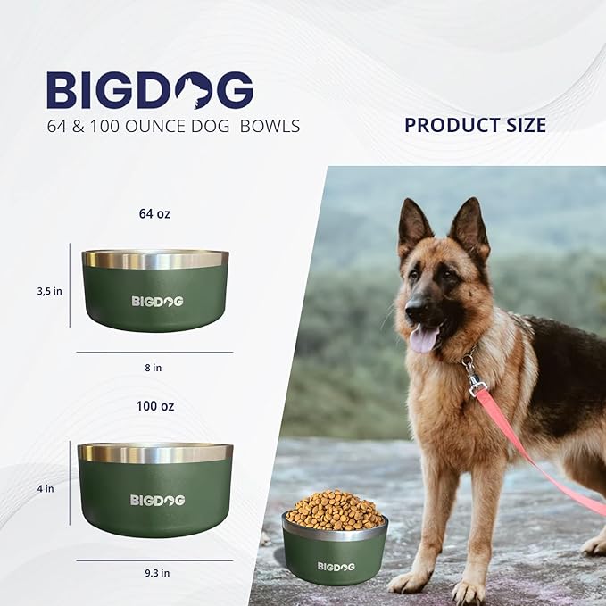BIGDOG Large Dog Bowls, Stainless Steel, No Spill, 100 Ounce, Blue