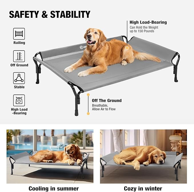 Veehoo Cooling Elevated Dog Bed, Raised Pet Cot with Guardrail &amp; Slope Headrest, Durable Breathable Teslin Mesh, Non-Slip Feet, Washable Dog Couch Bed for Indoor &amp; Outdoor, Medium 39.5" x 28", Gray