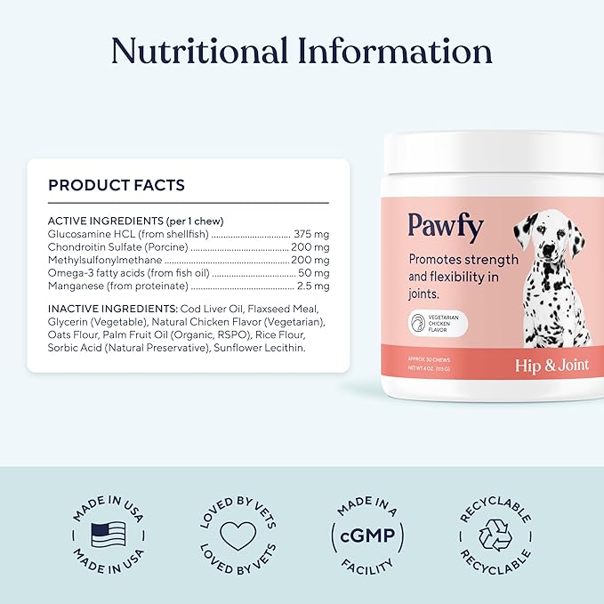 Pawfy Hip &amp; Joint Supplement for Dogs with MSM &amp; Vitamins | Glucosamine Chondroitin for Small, Medium &amp; Large Breed - Supports Mobility &amp; Bones | Glucosamine for Dogs with Omega 3-30 Chews