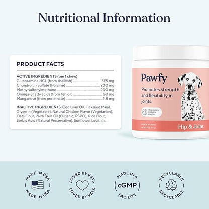 Pawfy Hip &amp; Joint Supplement for Dogs with MSM &amp; Vitamins | Glucosamine Chondroitin for Small, Medium &amp; Large Breed - Supports Mobility &amp; Bones | Glucosamine for Dogs with Omega 3-30 Chews