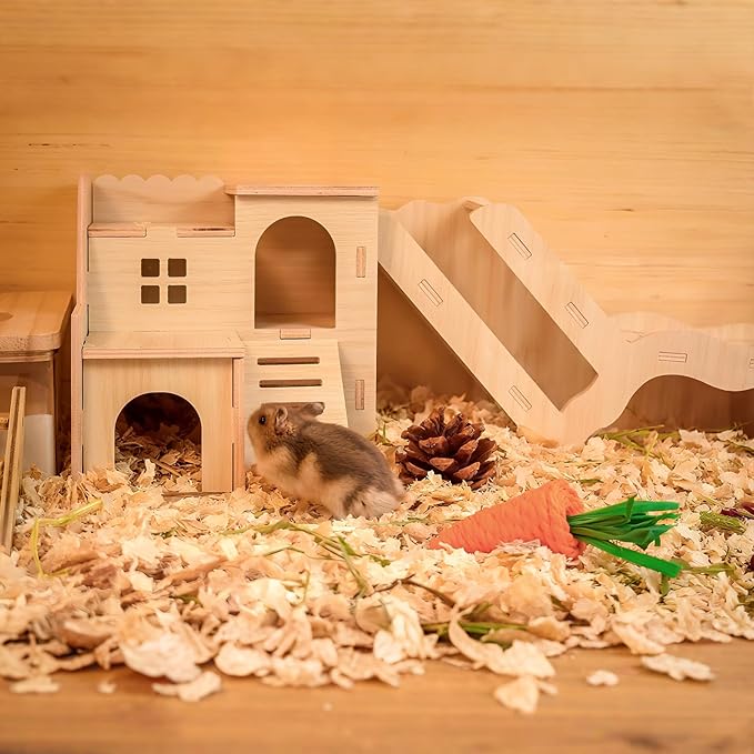 Multi-Chamber Hamster Hideout &amp; House, Natural Wood Small Animal Cage Accessories for Dwarf Hamsters, Gerbils and Mice – Ventilated Design with Structure