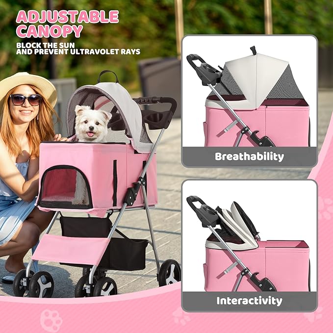 Magshion Foldable Pet Stroller, 3-in-1 Dog Travel Jogger with Detachable Carrier, Cup Holder, Storage Basket, Folding Carrier for Small/Medium Dogs &amp; Cats Up to 33 lbs, Pink