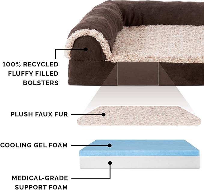 Furhaven Cooling Gel Dog Bed for Large/Medium Dogs w/ Removable Bolsters &amp; Washable Cover, For Dogs Up to 55 lbs - Two-Tone Plush Faux Fur &amp; Suede L Shaped Chaise - Espresso, Large
