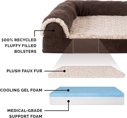 Furhaven Cooling Gel Dog Bed for Large/Medium Dogs w/ Removable Bolsters &amp; Washable Cover, For Dogs Up to 55 lbs - Two-Tone Plush Faux Fur &amp; Suede L Shaped Chaise - Espresso, Large
