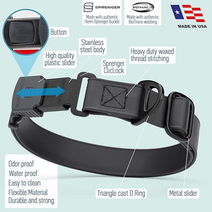 Dogline Biothane Waterproof Dog Collar with Herm Sprenger Stainless Steel Quick Release Buckle – Heavy Duty Tactical Durable Collar for Dogs – Comfortable and Safe Pet Collar, W 3/4" L 12-19", Black