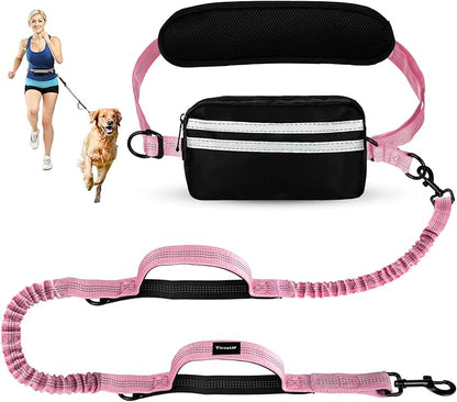 Hands Free Dog Leash, Adjustable Waist Belt with Double Padded Handles, Retractable Bungee for Medium &amp; Large Dogs, Waist Leash for Dog Walking, Running, No Pull, Pink