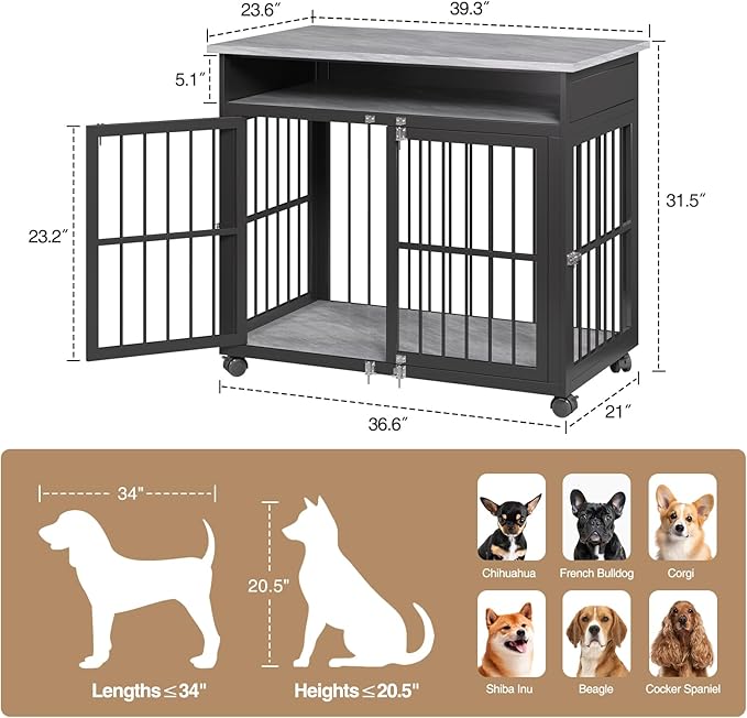 39.4" Dog Crate Furniture for Medium and Large Breed, Dog Kennel Furniture with Storage Shelf &amp; Lockable Wheels, Heavy Duty Wooden End Side Table Pet Cage Indoor, Chew-Resistant, Grey