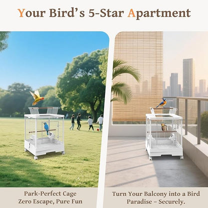 Clear View Bird Cage with Play Top, Modern Rolling Flight Cage for Parakeets, Cockatiels, Conures, Lovebirds, White Parrot Cage with 0.4" Bar Spacing, Slide-Out Tray &amp; Accessories