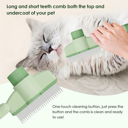 Flea Comb for Cat Hair Removal Comb, 2025 New Self-Cleaning Flea Brush for Cats and Dog, Comfort Cat Hair Removal Tool with Long &amp; Short Stainless Steel Metal Grooming Brush(Green)