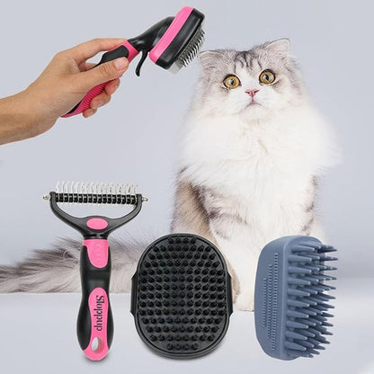 Dog Brush Kit for Grooming Short &amp; Long Haired Dogs &amp; Cats, 4-in-1 Pet Grooming Set with Self-Cleaning Slicker Brush, Deshedding Tool, Shampoo Bath Comb, Massge Comb (Pink Black)
