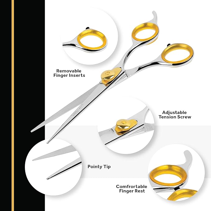 Sharf Gold Touch Pet Grooming Shear | Straight Cat &amp; Dog Grooming Scissors | 7.5 Inch | 440c Japanese Stainless Steel Pet Dog Shearing Scissors | Animal Shears with Removable Comfort Rings