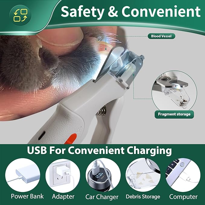 2 in 1 Dog Nail Clippers &amp; Cat Nail Clippers Trimmers for Large Medium Small Dogs Cats Claw Trimmer Quick Sensor and Safety Guard USB Rechargeable Dogs Nail Trimmer with Catcher &amp; 2 LED Lights