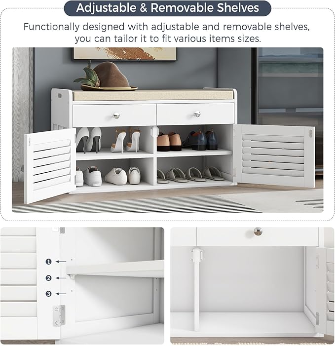 Shoe Storage Bench with 2 Drawers &amp; 2 Doors, Entryway Bench with Cushion, 2 Adjustable Shelves, Shoe Cabinet for Entryway, Living Room, Hallway, Mudroom, Bedroom, White