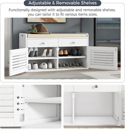 Shoe Storage Bench with 2 Drawers &amp; 2 Doors, Entryway Bench with Cushion, 2 Adjustable Shelves, Shoe Cabinet for Entryway, Living Room, Hallway, Mudroom, Bedroom, White