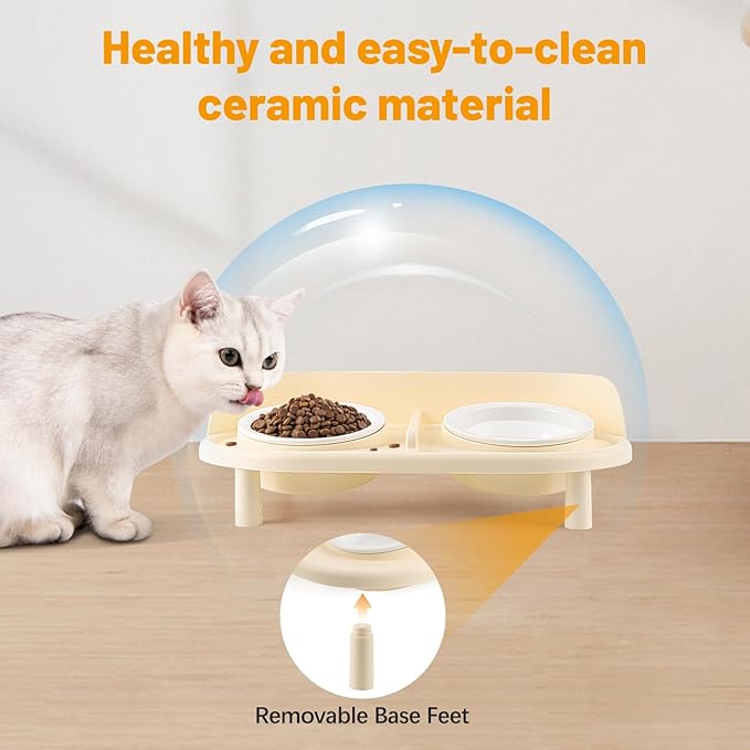 Elevated Cat Bowls, Tilted Rised Cat Food and Water Bowl with 2 Pcs Ceramic Pet Bowls, Rised Stand, Pet Dish Anti Vomiting Feeding Station for All Sized Cats &amp; Small Dogs (Milk Coffee)