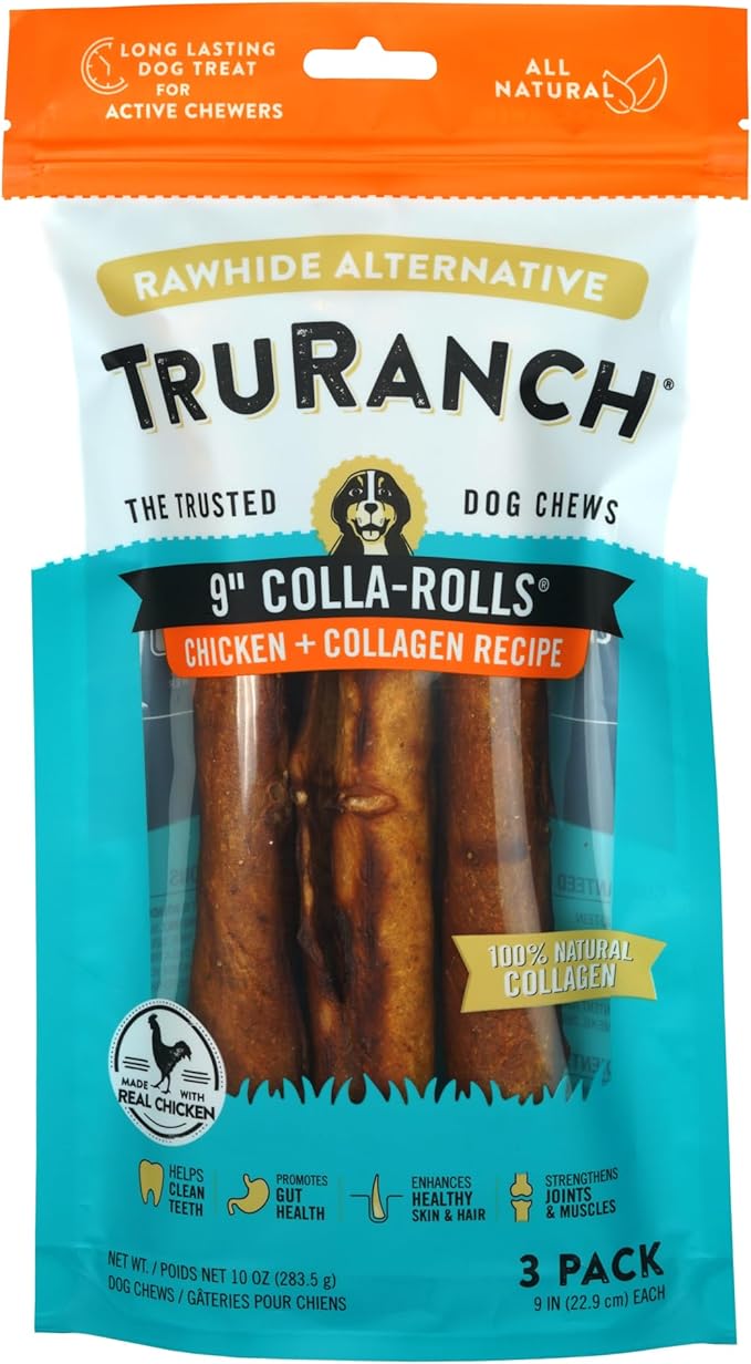 Collagen Rolls - 9" Collagen Rolls for Dogs - Long Lasting Healthy Joint Support Dog Treat - Rawhide Alternative - Skin &amp; Coat Health - Made with Real Chicken, 1 Bag, 3 Count
