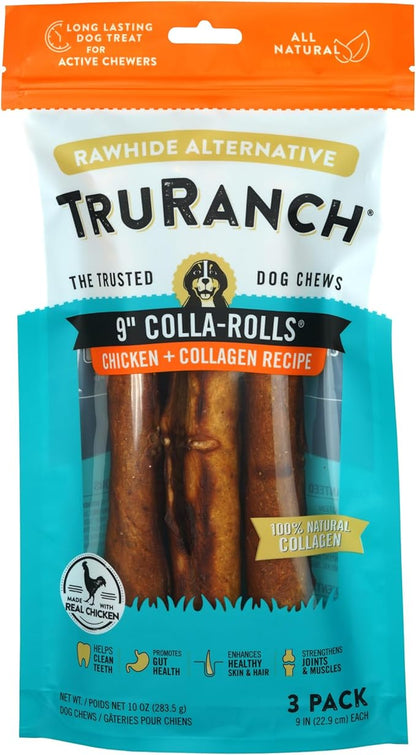 Collagen Rolls - 9" Collagen Rolls for Dogs - Long Lasting Healthy Joint Support Dog Treat - Rawhide Alternative - Skin &amp; Coat Health - Made with Real Chicken, 1 Bag, 3 Count