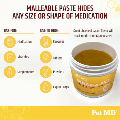 Pet MD Wrap A Pill Cheese &amp; Bacon Flavor Pill Paste for Dogs - Make a Pocket or Pouch to Hide Pills &amp; Medication 4.2 oz