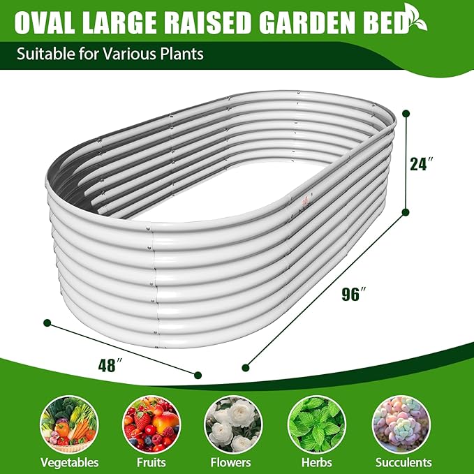 A ANLEOLIFE 8X4X2 ft Galvanized Raised Garden Beds Outdoor, Oval Large Metal Deep Root Planter Box for Planting Vegetables Flowers Herb, Anti-Rust &amp; Easy-Setup, Antique White