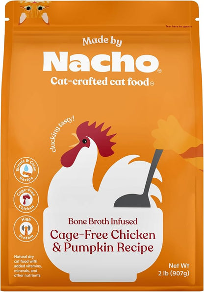 Made by Nacho Dry Cat Kibble 2lb Bag, High Protein and Grain-Friendly Premium Cat Food, Cage-Free Chicken &amp; Pumpkin Recipe, Infused with Bone Broth for Hydration, Limited Ingredients, Single Bag