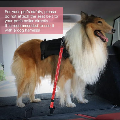 AUBELL Dog Seat Belt for Car,2 Pack Set 3-in-1 Adjustable Reflective Bungee Heavy Duty Dog Car Harness Tether with Clip Hook Latch &amp; Buckle,Swivel Zinc Alloy Carabiner,Black+Red